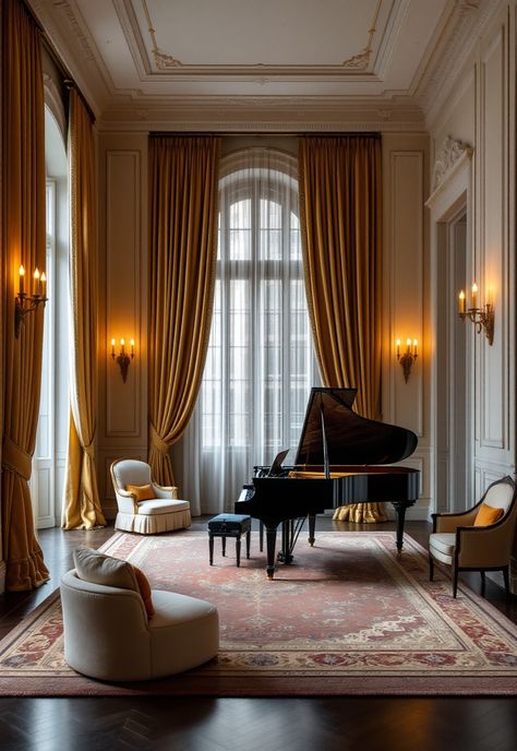 Old Money Living Room Grand Piano Interior Design, Old Money Interior Design Living Room, Grand Piano Decorating Ideas, Baby Grand Piano In Living Room, Musician Living Room, Old Money Homes, Old Money Living Room, Piano Room Design, Grand Piano Room