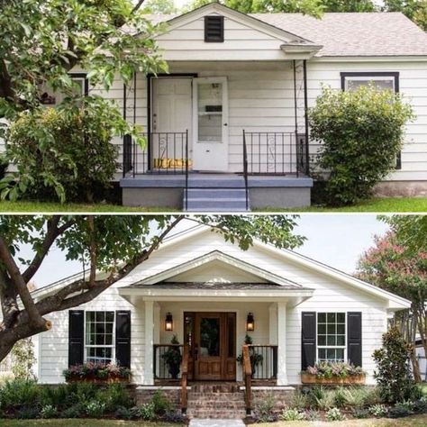 Before & After Porch Before And After Renovation, Old Small House Renovation, Old Ranch Style Home Remodel, Ranch Style Remodel Before And After, Small House Remodel Before And After, Small Ranch House Exterior, Renovating Old Homes, Exterior Remodel Before And After, Ranch Style Home Remodel