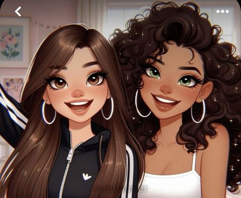 Cute Bff Pictures Cartoon, Bad Dresses, Curly Hair Drawing, Wallpaper Iphone Disney Princess, Friends Illustration, Black Couple Art, Bff Drawings, Disney Princess Fashion, Girl Friendship