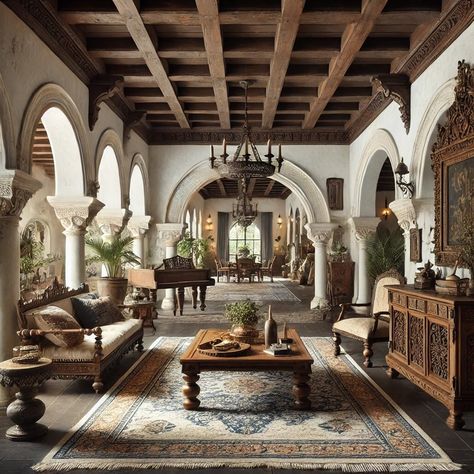 Elements of Spanish colonial architecture are trending again and I’m so here for it. Some of the key elements of this style are: Arches: often seen in doorways, windows, and passages. The image includes these prominent arches, which give the space a classic and timeless look. Stucco Walls: Spanish colonial interiors typically feature stucco or plastered walls in neutral tones, often white or off-white, creating a bright, airy feel that enhances the natural light in the room. Dark Wooden Be... Stucco Columns Makeover, Spanish Colonial Architecture, Colonial Interiors, Plastered Walls, Spanish Colonial Revival, Colonial Interior, Room Dark, Stucco Walls, Spanish Architecture