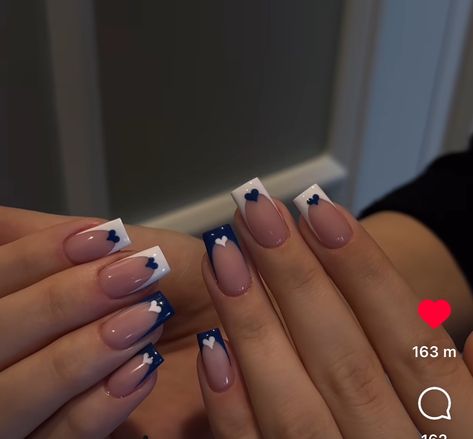 Nails For School Square, Negative Space Nails Square, Simple Nails Navy Blue, Blue Tips Nails Acrylic, Blue Winter Nails Square, Navy Blue Homecoming Nails, Dark Blue Nail Inspo With Design, Navy Blue Square Acrylic Nails, Sparkly Navy Blue Nails