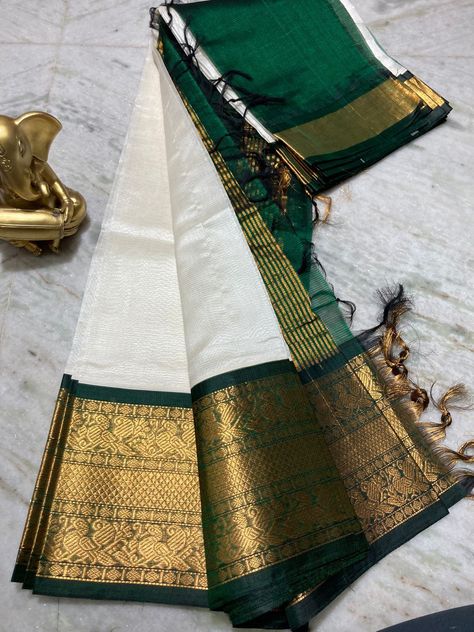 White And Green Saree, Plain Pattu Sarees, Bottle Green Saree, Kerala Saree Blouse, Mangalagiri Sarees, Kerala Saree Blouse Designs, South Indian Wedding Saree, Off White Saree, South Indian Blouse Designs