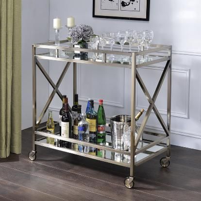 Acme Furniture Kristensen Serving Cart | Hayneedle Silver Bar Cart, Antique Gold Mirror, Gold Bar Cart, Bar Sala, Serving Cart, Bar Mirror, Antique Brass Metal, Bar Cart Decor, Serving Drinks