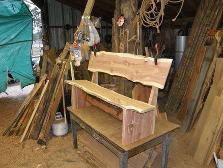 Raw Wood Furniture, Cedar Bench, Log Bench, Outdoor Wood Projects, Cedar Boards, Cedar Log, Church Pew, Outdoor Wood, Progress Pictures