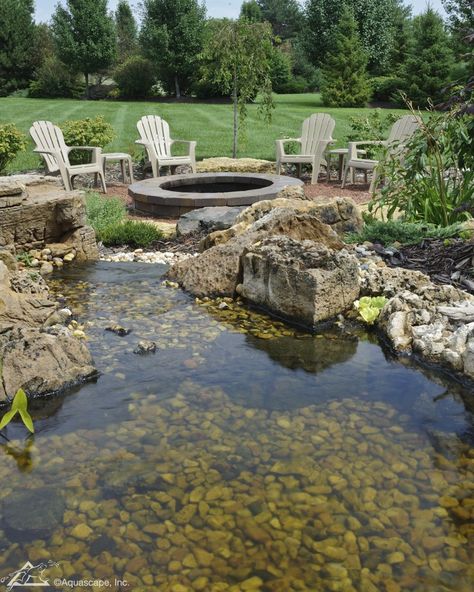 Pond With Fire Pit, Fire Pit And Pond, Yard Zen, Pond Dock, Bog Gardens, Pond Build, Large Water Features, Concrete Backyard, Sunken Fire Pits