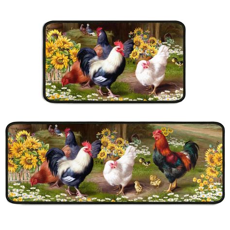 PRICES MAY VARY. 🌻Material : Using high-quality microfiber, The back non-slip rubber. 🌻Design : Rooster sunflower theme design. 🌻Size : Rugs set contains 2 mat (17 x 47 inches and 17 x 23 inches). 🌻Care : Machine washable, easy to clean rugs. 🌻Guarantee : Our support 30 days no reason to return and exchange. Kitchen Rugs Decor 2 Pieces Set Kitchen Mat Washable Runner Rug 17" x 47" + 17" x 23" Washable Runner Rug, Rooster Kitchen Decor, Rooster Kitchen, Sunflower Kitchen, Kitchen Rugs And Mats, Chicken Decor, Rooster Decor, Sunflower Decor, Kitchen Mats Floor