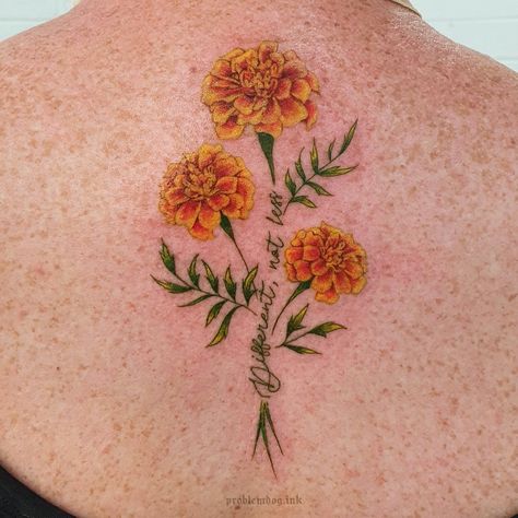 Flower Tattoo Placement, Marigold Flower Tattoo, Farm Tattoo, Marigold Tattoo, Different Not Less, Henna Ink, Amazing 3d Tattoos, Hip Thigh Tattoos, Tasteful Tattoos