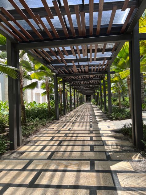 Covered Pathways Architecture, Walkway Canopy Design, Restaurant Landscape Design Plan, Covered Walkway Architecture, Coliving Architecture, Pergola Walkway, Ramps Architecture, Parking Building, Green Terrace