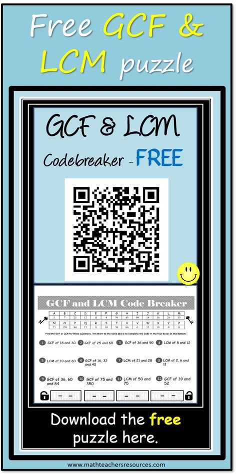 Greatest Common Factor and Least Common Multiple (GCF & LCM) Activity FREEBIE  Make using find the GCF and LCM fun with this code-breaker game. Students are asked to find the GCF or LCM of two or three numbers. Ideal as a bellringer or quick review activity. Gcf Lcm Activities, Lcm Worksheet, Gcf And Lcm, Lcm And Gcf, Greatest Common Factor, Least Common Multiple, Greatest Common Factors, Remote Teaching, Free Math Resources