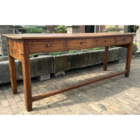 Superb Antique French Refectory or Farmhouse Side Table in Pine wood with 4 drawers.  It has exactly the great lived-in look with a warm color patina, beveled corners and legs and with wooden connections.  The beautiful top has old signs of wear, the table as a whole has a very lively appearance.  Very decorative and practical in the kitchen as a side (work) table or in a spacious hall or living room.    In good condition, sturdy construction, heavy quality wood. Farmhouse Kitchen Table Island, Antique Prep Table, Farmhouse Cottage Furniture, Antique Work Table Kitchen Islands, Antique Kitchen Work Table, Antique Table As Kitchen Island, Antique Hall Table, Primitive Console Table, Kitchen Work Table Island