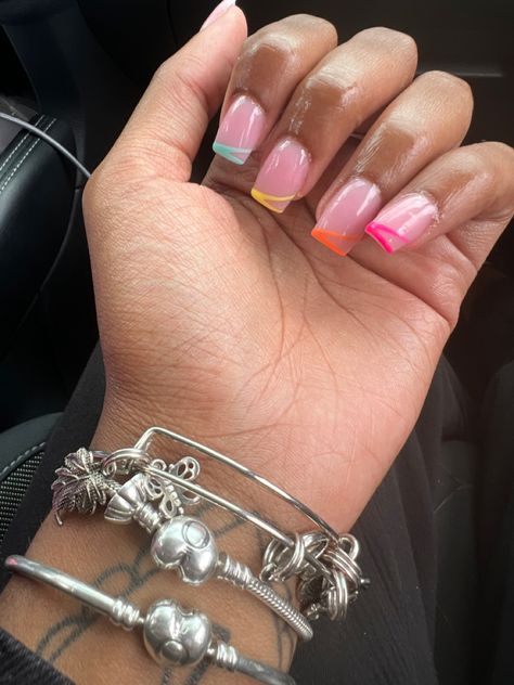 Short French Tip Acrylic Nails Different Colors, Color Short French Tip Nails, Colorful Summer French Tip Nails, Summer French Tip Nails Square Short, Short Simple Nail Sets, Easter Nails Black Women, Colorful Short Acrylic Nails, French Tips Summer Nails, Spring Color Nails Acrylic