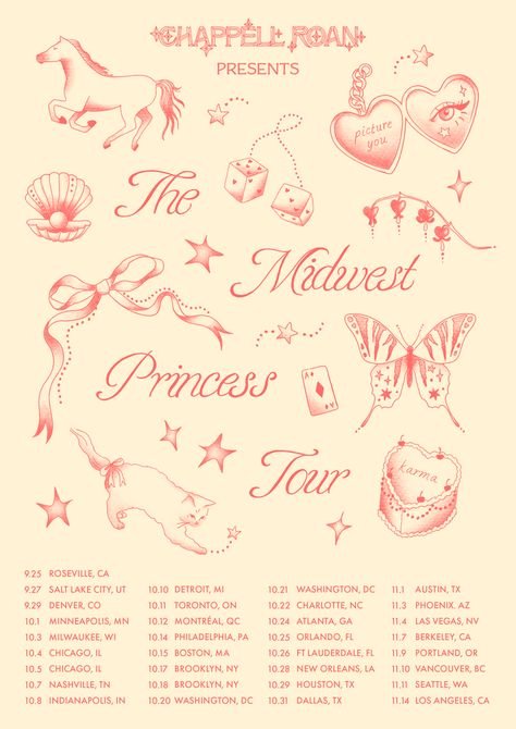 poster for the north american leg of chappell roan's 'the midwest princess' tour 2024. designed by ramisha sattar. Midwest Princess Aesthetic Chappell Roan, Event Poster Aesthetic, Princess Carolyn Aesthetic, Posters Chappel Roan, Poster Chappell Roan, Princess Graphic Design, Chappell Roan Inspired Tattoos, Tour Posters Design, Chappell Roan Midwest Princess