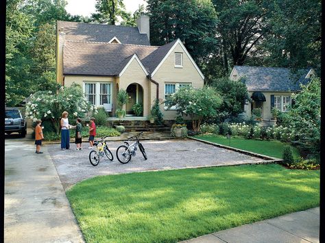 Make an Entrance | Boost the value and appeal of your home with a front yard makeover. Front Yard Parking, Parking Ideas, Driveway Parking, White Flowering Trees, Gravel Parking, Evergreen Landscape, Living Pool, Yard Makeover, Driveway Ideas