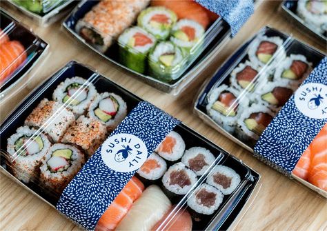 Sushi Packaging, Homemade Sushi Rolls, Sushi House, Food Delivery Packaging, Enterprise Ideas, Japanese Food Packaging, Desain Merek, Sushi Logo, Sushi Ideas