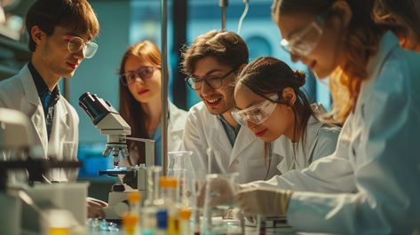 Scientists at work: A team of young scientists engaged in research, conducting experiments in a modern laboratory setup. #laboratory #scientists #research #experiment #teamwork #microscope #lab coats #innovation #aiart #aiphoto #stockcake https://ayr.app/l/vjLS Lab Reference, Microscope Lab, Journalism Job, Lab Experiment, Physics Lab, Work Images, Lab Coats, Preschool Learning, Science Experiments