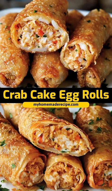 These crab cake egg rolls are the best egg rolls for seafood lovers. Crispy on the outside and filled with savory crab cake, they’re the ultimate egg rolls for appetizers or snacks Crab Egg Rolls Recipes Air Fryer, Savory Egg Rolls, Crab Cake Eggroll Recipe, Egg Rolls Ideas, Crab Cake Eggrolls, Shrimp And Crab Egg Rolls, Crab And Chicken Recipes, Cajun Egg Rolls, Egg Roll Charcuterie Board