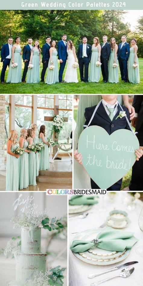 Olive Green And Navy Blue Wedding, Sea Foam Green Wedding, Mint Green Wedding Theme, Mint Green Wedding Cake, Seafoam Green Wedding, Mint Green Bridesmaids, Mint Green Wedding, Sage Green Wedding Colors, Blue Green Wedding