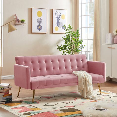 adorable velvet pink couch, that transforms a room in seconds! found on amazon! #ad #affiliate #commission Pink Futon, Velvet Sofa Bed, Pink Couch, Futon Couch, Simple Sofa, Couch And Loveseat, Futon Sofa Bed, Futon Bed, Convertible Sofa Bed