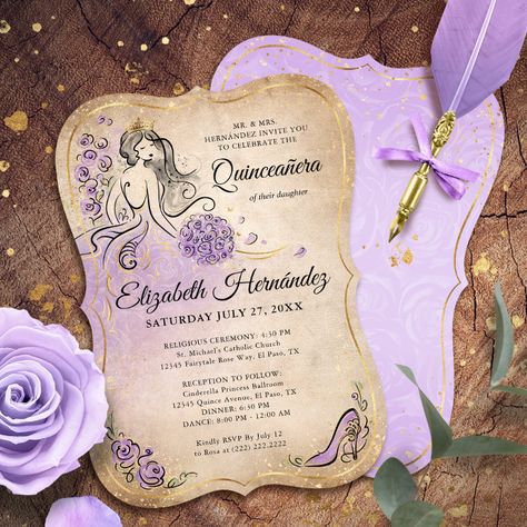 Lilac Lavender Gold Princess Quinceanera Birthday Invitation - tap to personalize and get yours #Invitation #lilac #princess #quinceanera #invitations, #lavender Horse Birthday Invitations, Invitations Quinceanera, Scroll Invitation, Quince Invitations, Butterfly Invitations, Horse Birthday, Sweet 16 Birthday Party, Quinceanera Party, Lilac Lavender