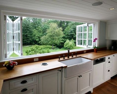 Content in a Cottage: Dream Bifold Windows over Kitchen Sink Window Over Sink, Kitchen Sink Window, Kitchen Window Design, Beautiful Kitchen Designs, Farmhouse Kitchen Design, Gorgeous Kitchens, Modern Farmhouse Kitchens, Trendy Kitchen, Unique Kitchen