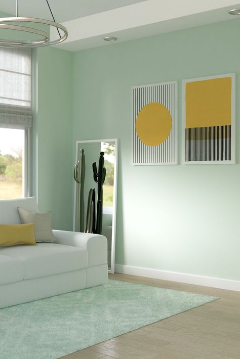 Mint Green Wall with Yellow Accent Color for Living Room Interior Wall Colours Living Rooms, Mint Green House Interior Wall Colours, Mint Green Paint Walls Bedrooms, Mint Color Room Ideas, Light Colours For Living Room, Mint Office Walls, Creative Wall Painting Ideas Living Room Modern, Mint Green Wall Living Room, Mint Green Wall Bedroom