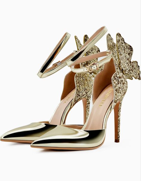 Gold High Heels Butterfly Back Sexy Stiletto Pumps Closed Toe Sparkly Ankle Strap Heels. Click to shop on Amazon! Gold Heels Closed Toe, Gold Closed Toe Heels, Heels Butterfly, Gold Heels Prom, 20th Bday, Dress Shoes For Women, Clear High Heels, Gold High Heels, Pointy Toe Shoes