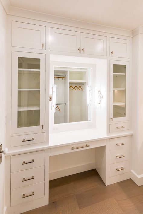 Master closet - Beach Style - Closet - New York - by Daniel Contelmo Architects | Houzz Vanity With Bookshelves, Closet Makeup Station, Built In Dressing Table Ideas, Closet With Makeup Vanity, Closet With Vanity Built In, Built In Vanity In Bedroom, Makeup Station In Bedroom, Vanity In Closet, Walk In Closet With Vanity