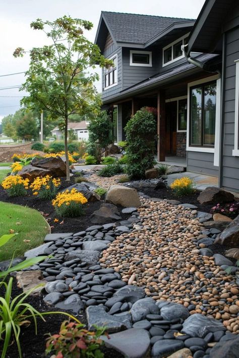 Grass Alternatives, Sustainable Yard, River Rock Landscaping Ideas, Dolphin House, Evergreen Landscape, Rock Border, Garden Decoration Ideas, River Rock Landscaping, Rock Landscaping Ideas