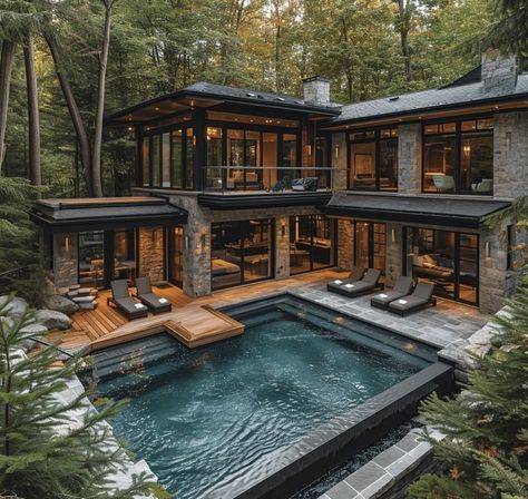 Houses In The Woods Modern, Modern Aesthetic House, Modern House In Woods, Dream Life House, Fantasy House, Forest House, Luxury Homes Dream Houses, Design Your Dream House, Modern House Exterior