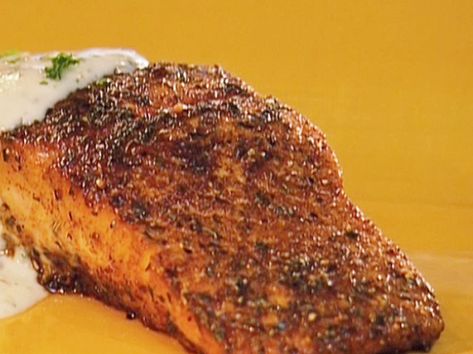 Blackened Salmon with Blue Cheese Sauce from FoodNetwork.com  This recipe is so yummy, but can be salty cut the salt by half and used Kosher or Sea Salt Blackened Salmon Recipes, Blue Cheese Sauce, Blackened Salmon, Cheese Sauce Recipe, Patties Recipe, Salmon Patties, Baked Salmon Recipes, Salmon Recipe, Baked Salmon