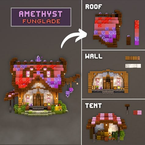 A minecraft build design breakdown of my Amethyst Funglade! Support me on patreon and access world files and pastable schematics of my builds :) Amethyst Village Minecraft, Minecraft Magical Building Ideas, Amethyst House Minecraft, Minecraft Amethyst Builds, Minecraft Amethyst, Minecraft Roof, Minecraft Small House, Fantasy Minecraft, Minecraft Shops