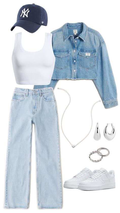 Light blue jeans, denim jacket, white tank top, ny cap blue navy, silver necklace, earrings and rings, airforce 1

Outfits con gorra. Outfits aesthetic. Ny Cap Outfit, Blue Cap Outfit, Blue Tank Top Outfit, Blue Denim Jacket Outfit, Airforce 1 Outfit, Ny Cap, Jeans Denim Jacket, Cap Outfit, Denim Jacket Outfit