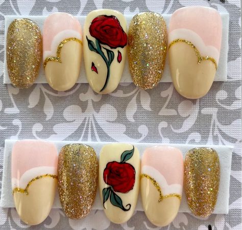 Belle Nails Disney, Belle Inspired Nails, Beauty And The Beast Nails, Belle Nails, Beauty And The Beast Belle, Nails Press, Inspired Nails, Disney Nails, Disney Beauty And The Beast