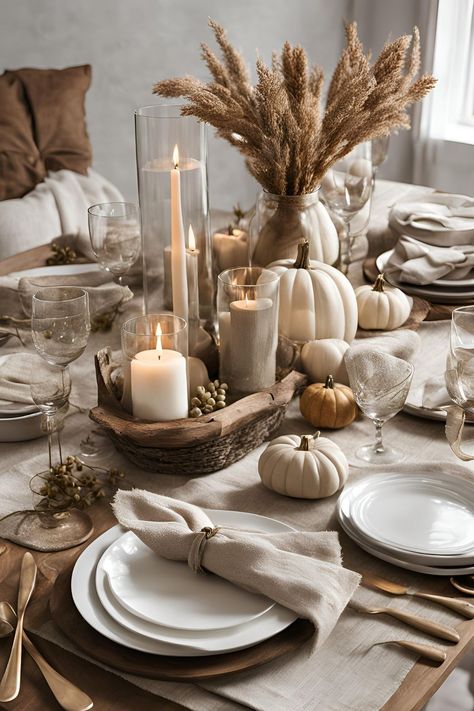 A Neutral Thanksgiving Table Decor that Complements Any Style White Plates Table Setting, Table Setting Ideas Casual, Centerpieces For Thanksgiving, Plates Table Setting, Fall Hosting, Thanksgiving Table Centerpieces, Dinner Table Settings, Thanksgiving Table Decor Ideas, 2025 Goals