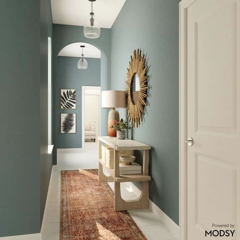 Entryway Design Ideas and Styles from Modsy Designers Color Drench Small Hallway, French Blue Hallway, Duck Egg Hallway, Bright Blue Hallway, Duck Egg Blue Hallway And Stairs, Blue Hallway Ideas, Decorate A Hallway, How To Decorate A Hallway, Grey Hallway Ideas