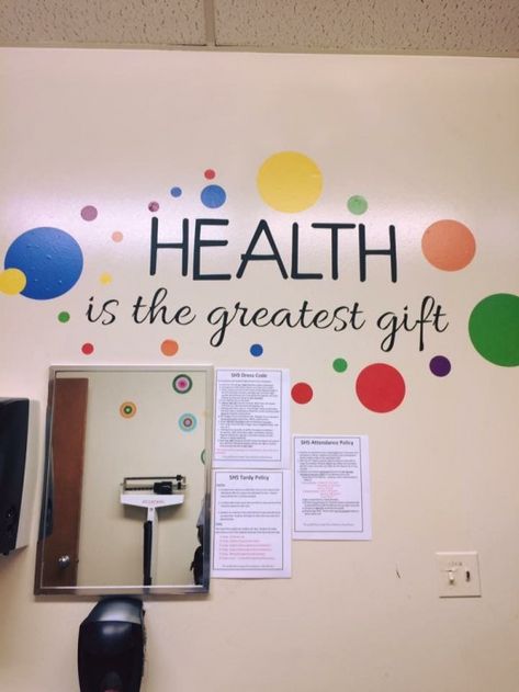 School health office decorating #healtheducation #health #education #posters Mental Health Counselor Office, School Nurse Office Door, School Health Office, School Nurse Elementary, Nurse Bulletin Board, School Nurse Office Decorations, Health Bulletin Boards, Nurse Office Decor, High School Health