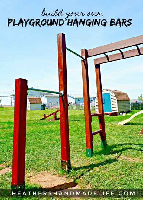 DIY playground hanging bars: Full tutorial on how to add hanging bars to a set of wooden monkey bars {Heather's Handmade Life} Diy Monkey Bars, Backyard Jungle Gym, Backyard Gym, Backyard Playset, Playground Set, Diy Playground, Kids Outdoor Play, School Playground, Natural Playground