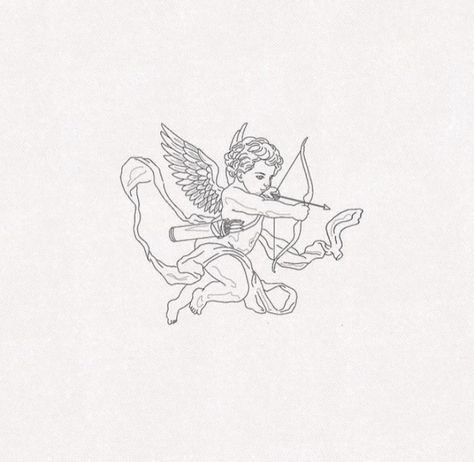 Greek Cupid Tattoo, Small Cupid Tattoo, Cupid Tattoo Design, Chest Tattoo Angel, Angel Flash Tattoo, Little Angel Tattoo, Mythological Tattoo, Tattoo Greek Mythology, Cupid Drawing