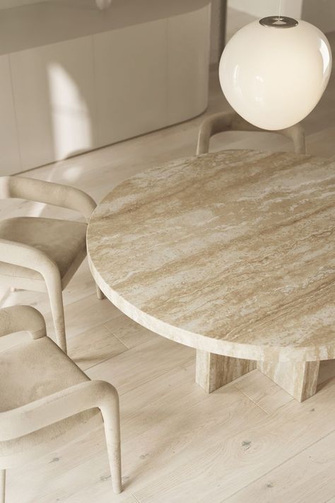 Travertine Round Dining Table, Travertine Dining Table And Chairs, Round Travertine Dining Table, Travertine Table Dining, Marble Dining Table Round, Minimalist Round Dining Table, Beige Dining Table, Marble Dining Table Decor, Scandinavian Minimalist Interior