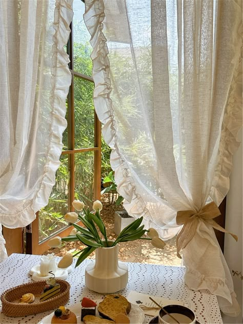 Coquette Curtains, Olive Room, Dusty Pink Curtains, White Curtains Living Room, Balcony Curtains, Cottage Curtains, Ruffle Curtains, French Curtains, Linen Gauze