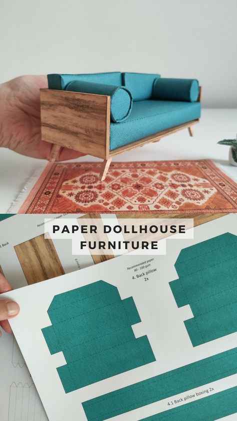 Check out nimu1326’s shop on Patreon... Wood Frame Sofa, Paper Dollhouse, Baby Doll Furniture, Sofa Wood Frame, Free Paper Models, Modern Dollhouse Furniture, Mini Sofa, Paper Furniture, Tiny Furniture