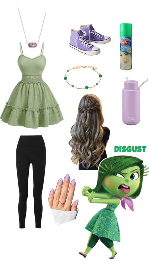 Inside out character costume for Halloween or book week or any party. Riley Inside Out Costume Ideas, Disgust Halloween Costume, Disgust Inside Out Costume, Inside Out Characters Costumes, Disgust Costume, Disgusted Inside Out, Inside Out Costume, Characters Costumes, Florida Theme Parks