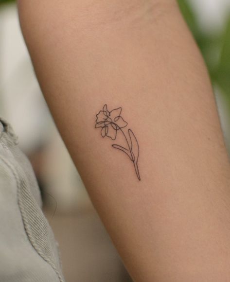 Daffodil Jonquil Tattoo, Peony And Daffodil Tattoo, Daffodil And Narcissus Tattoo, Fineline Daffodil Tattoo, Small Flower Arm Tattoo, Tiny Daffodil Tattoo, Daffodil Fine Line Tattoo, Daffodil Bouquet Tattoo, Small Daffodil Tattoo