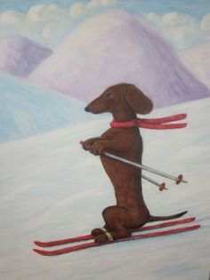 Weiner Dog Illustration, Arte Dachshund, Dachshund Painting, Doxie Art, Vintage Dachshund, Ski Art, Dachshund Art, Weiners, Doxie Dogs