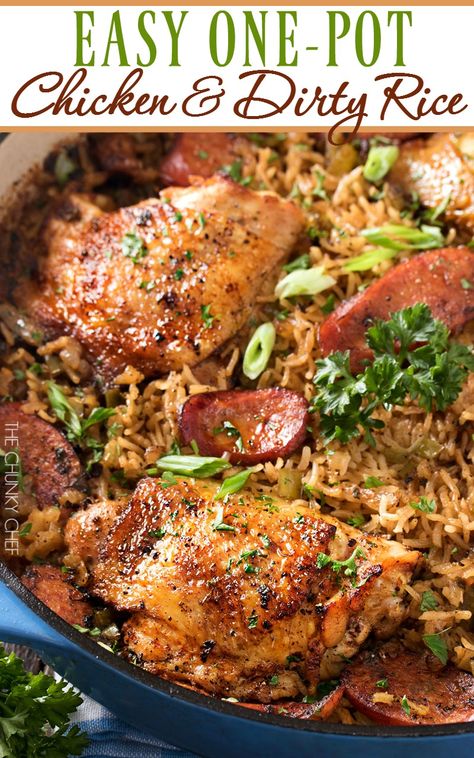 One Pot Chicken and Dirty Rice | Chicken thighs are cooked on top of a homemade dirty rice, which makes for the most flavorful Cajun-inspired dish you've ever had! Plus, all you need is one pot! | http://thechunkychef.com Chicken And Dirty Rice, Le Creuset Recipes, Arroz Frito, Dirty Rice, Dutch Oven Cooking, Cast Iron Recipes, One Pot Chicken, Dutch Oven Recipes, Chicken And Rice