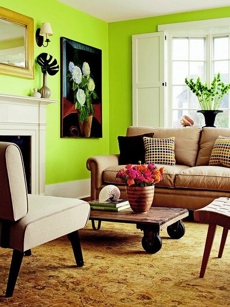 Green wall living room Lime Green Bedroom, Whimsical Coffee Table, Lime Green Bedrooms, Green Walls Living Room, Lime Green Walls, Decorating Rules, Modern Living Room Wall, The Human Eye, Choosing Paint