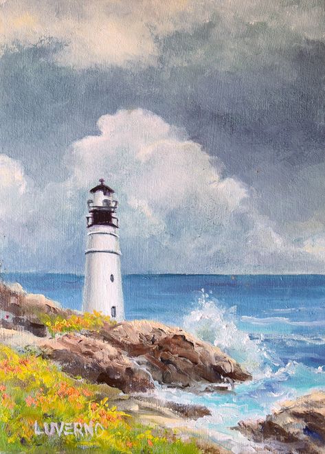 SOLD (52 $). Please write me if you want a commission custom painting similar to this one! LuvernoArt ©. Light House Paintings, Light House Paintings Easy, Lighthouse Acrylic Painting, Light House Painting Acrylic, Lighthouse Painting Easy, House Boho Decor, Paintings References, Beach House Boho, Lighthouse Paintings