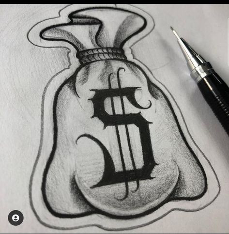 Bags Of Money Drawing, Money Bags Drawings, Graffiti Money Art, Chicano Art Tattoos Gangsters, Money Sign Drawing, Trophy Sketch, Chino Drawing, Chicano Tattoo Flash, Money Bag Tattoo Design