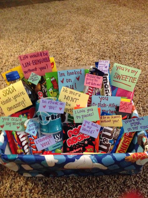 Cute Things For Your Boyfriend Birthday, Random I Love You Gifts For Him, Snack Gift Basket Ideas For Boyfriend, Birthday Gift Baskets For Husband, Cheesy Gifts For Him, Bf 1 Month Gifts, No Reason Gifts For Boyfriend, Valentine’s Day Gift Ideas For Your Best Friend, Thank You Basket For Boyfriend