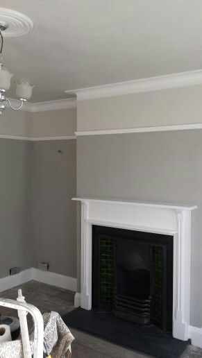 After painting in Dulux matt misty mountain, pebble shore (above picture rail and on ceiling) and white cotton satinwood on woodwork. Dulux Polished Pebble, Ceiling Coving, Hallway Colours, Victorian Living Room, Misty Mountain, Edwardian House, Picture Rail, Front Rooms, Polished Pebble